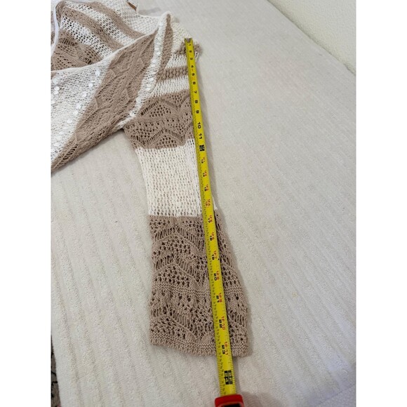 Chicos Open Knit Cardigan Size 1 M Beige White Striped Sequin Boho Coastal - Picture 9 of 12